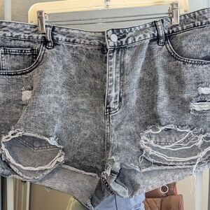 High-Rise Distressed Women's Denim Shorts - Gray